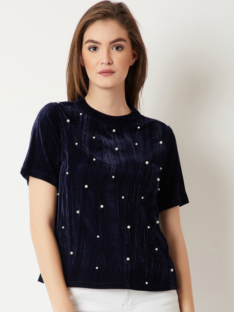 Miss Chase Women Navy Blue Embellished Top