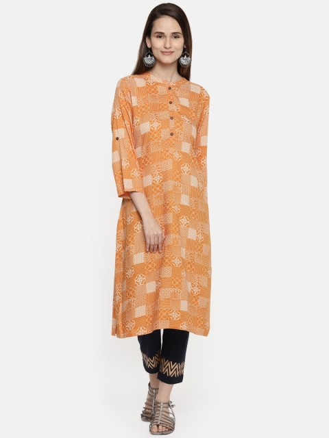 RANGMANCH BY PANTALOONS Women Orange & White Printed Straight Kurta
