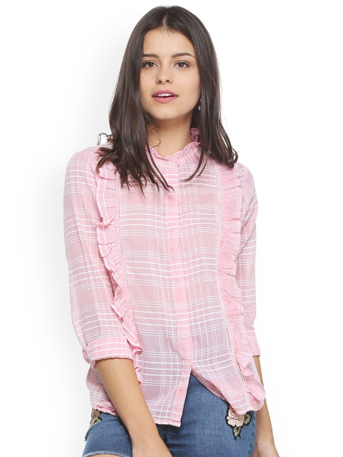 People Women Pink Regular Fit Checked Casual Shirt