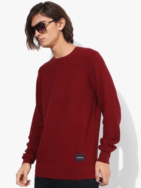 Maroon Self Design Round Neck Sweater