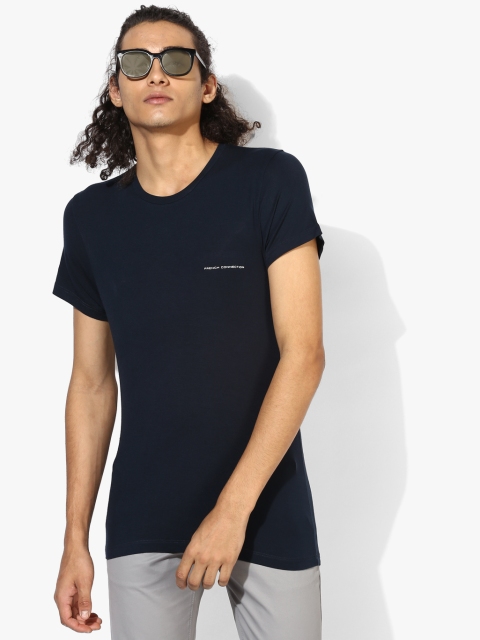 Blue Solid Regular Fit Round Neck T-Shirt, Navy blue