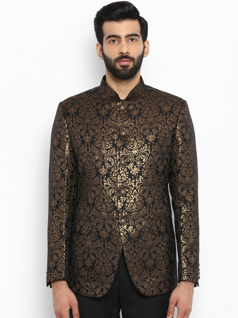 ethnix Men Blue & Gold-Toned Woven Design Blazer, Black