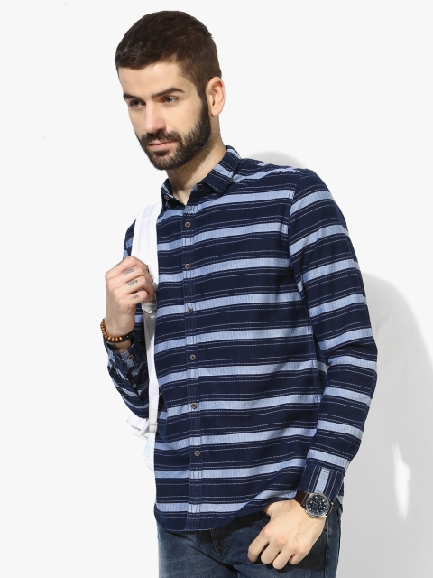 Navy Blue Striped Slim Fit Casual Shirt