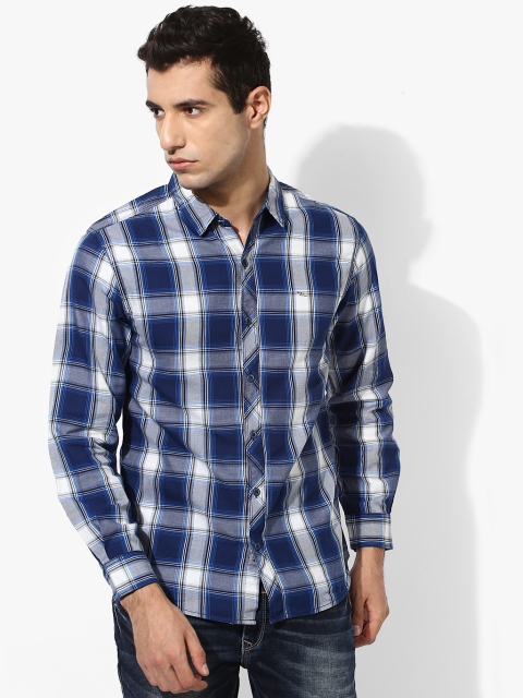 Navy Blue Checked Slim Fit Casual Shirt