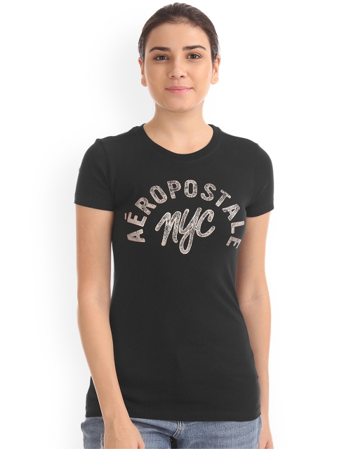 Aeropostale Women Black Printed Round Neck Pure Cotton T-shirt
