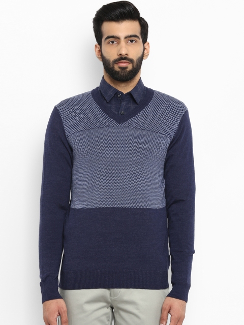 Raymond Men Navy Blue Self Design Pullover