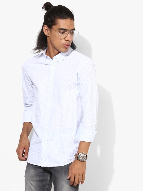 Scotch & Soda Men Blue & Blue Slim Fit Striped Casual Shirt
