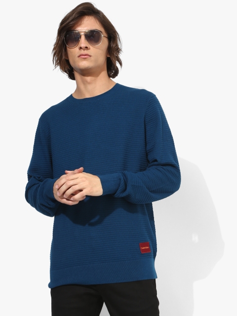 Blue Self Design Round Neck Sweater
