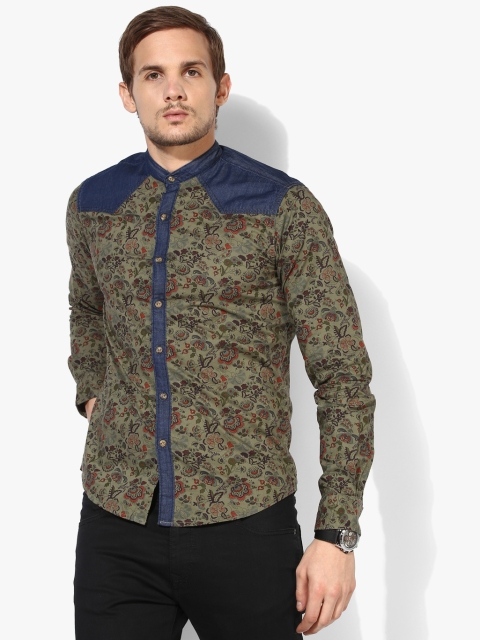 Olive Printed Slim Fit Casual Shirt