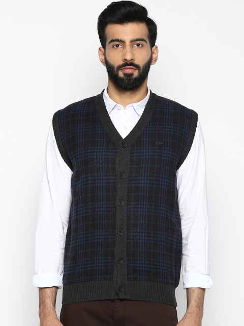 ColorPlus Men Black & Blue Checked Cardigan