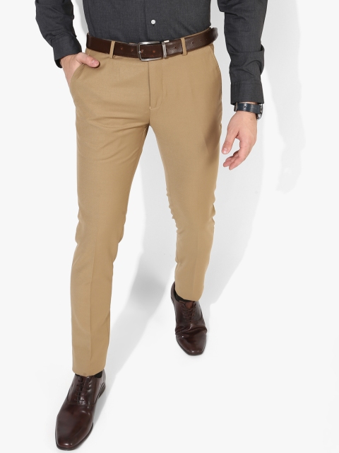 Beige Self Design Slim Fit Formal Trouser