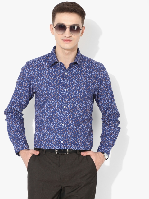 Navy Blue Printed Slim Fit Formal Shirt