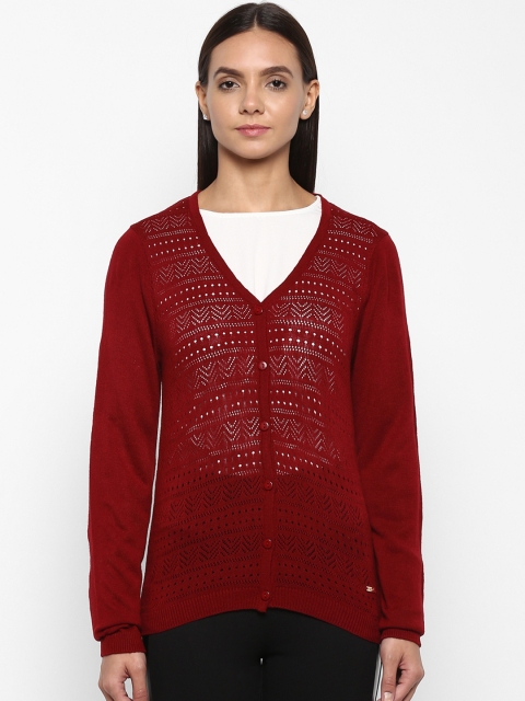 Park Avenue Women Maroon Self Design Cardigan