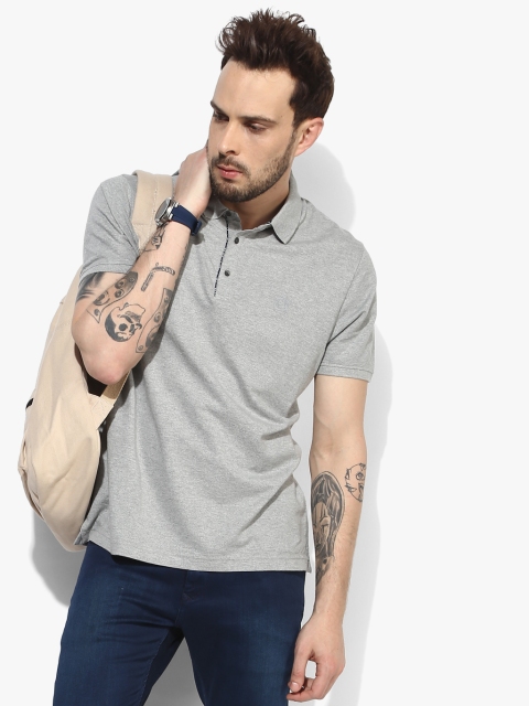 Grey Melange Solid Slim Fit Polo T-Shirt