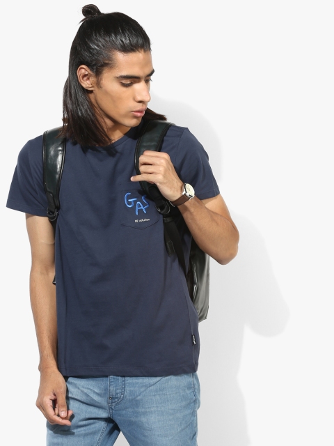 GAS Men Navy Blue Solid Slim Fit Round Neck T-Shirt