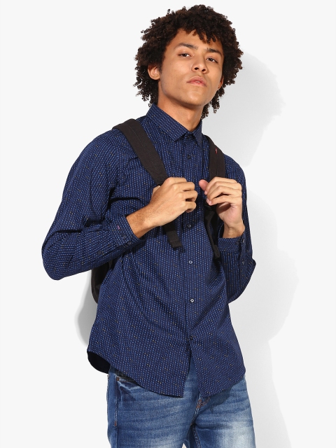 Navy Blue Printed Slim Fit Formal Shirt