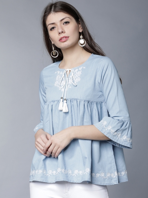 Tokyo Talkies Women Blue Embroidered A-Line Empire Pure Cotton Top