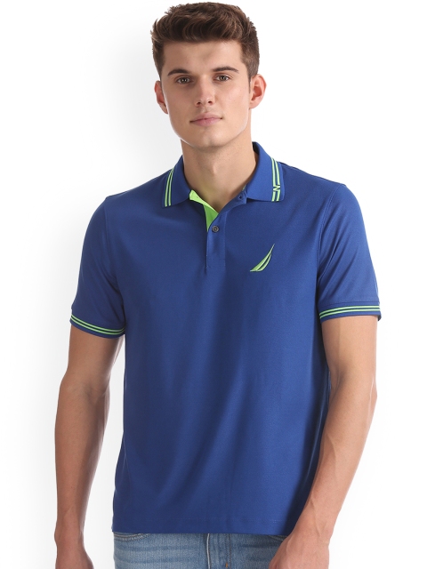 Nautica Men Blue Solid Polo Collar T-shirt