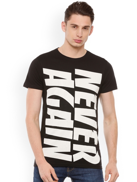 People Men Black White Printed Round Neck Pure Cotton T-shirt