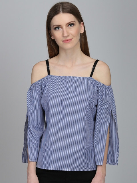DODO & MOA Women Blue Striped Pure Cotton Top
