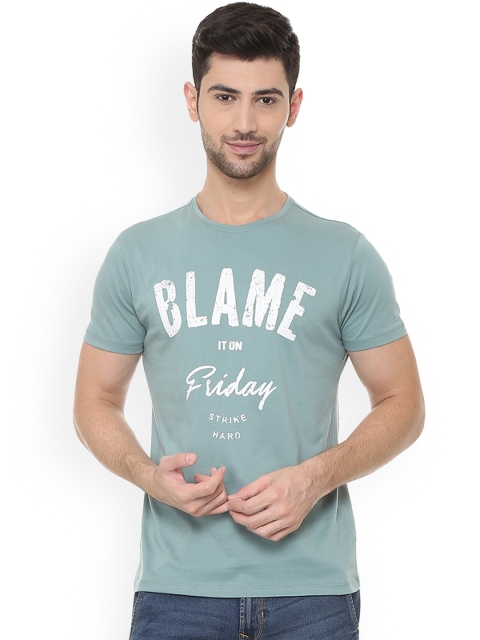 People Men Blue Printed Round Neck T-shirt