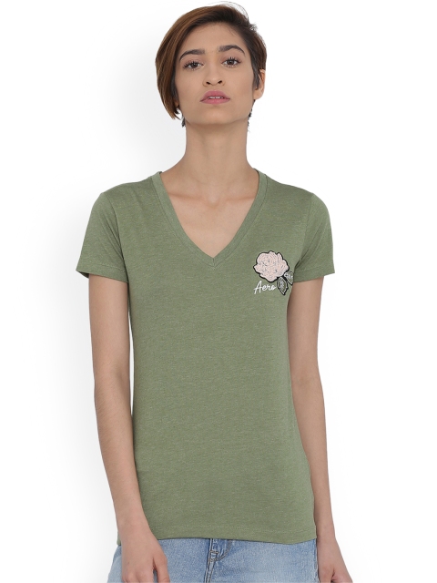 Aeropostale Women Green Solid V-Neck T-shirt