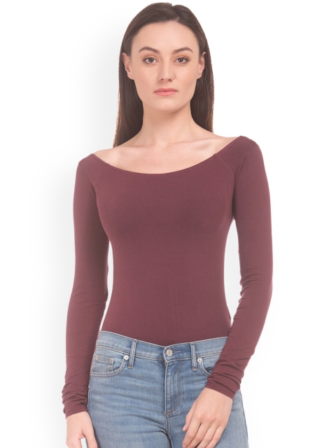 Aeropostale Women Burgundy Solid Boat Neck T-shirt