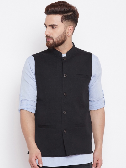 even Men Solid Black Nehru Jacket