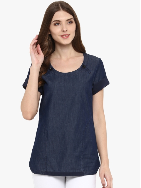 LA LOFT Women Navy Blue Solid Top