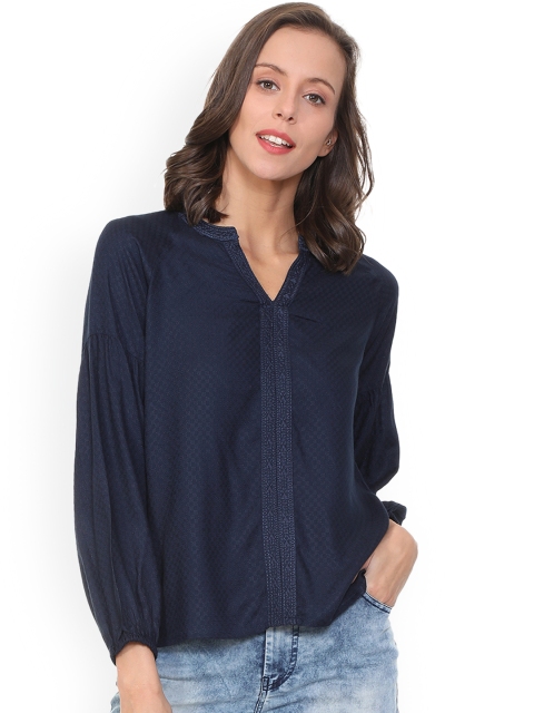 People Women Navy Blue Self Design A-Line Top