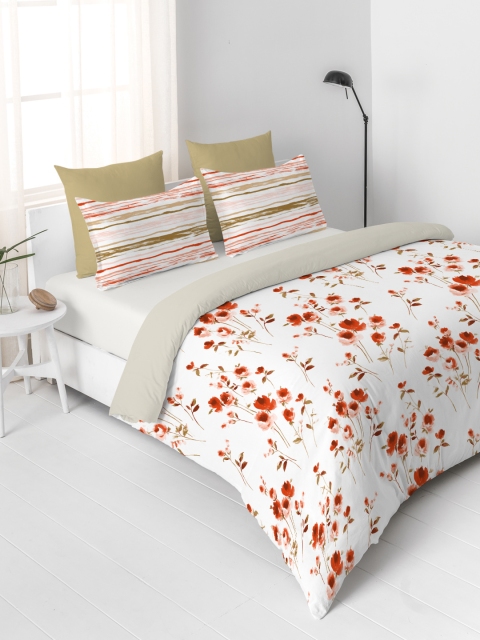 DDecor Red & White Floral Flat 144 TC Cotton 1 Queen Bedsheet with 2 Pillow Covers