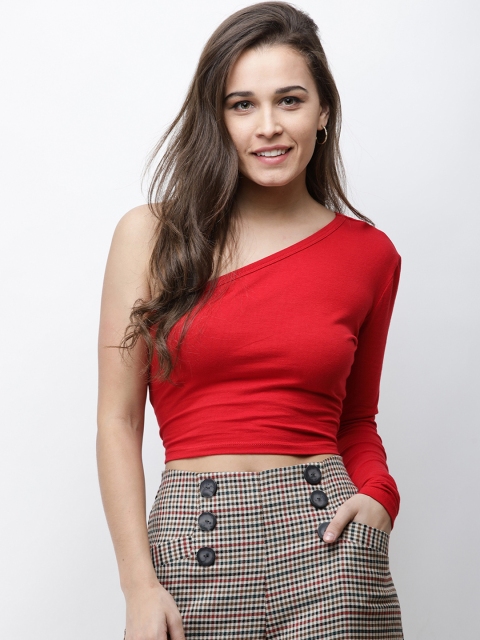 Cation Women Red Solid One Shoulder Fitted Cropped Top