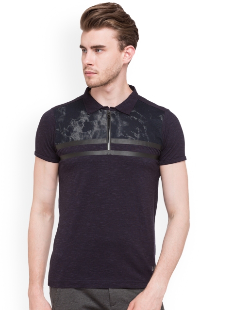 Status Quo Men Navy Blue Printed Polo Collar T-shirt