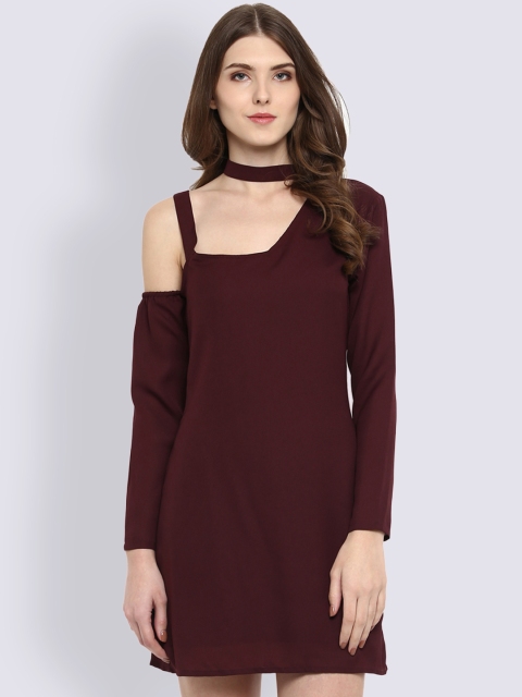 LA LOFT Women Maroon Solid A-Line Dress