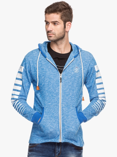 Status Quo Men Blue & White Self Design Hooded Sweatshirt