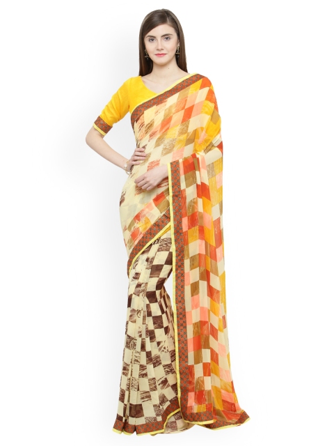 Shaily Cream-Coloured & Brown Pure Georgette Checked Saree