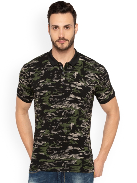 Status Quo Men Green Black Printed Polo Collar Pure Cotton T-shirt