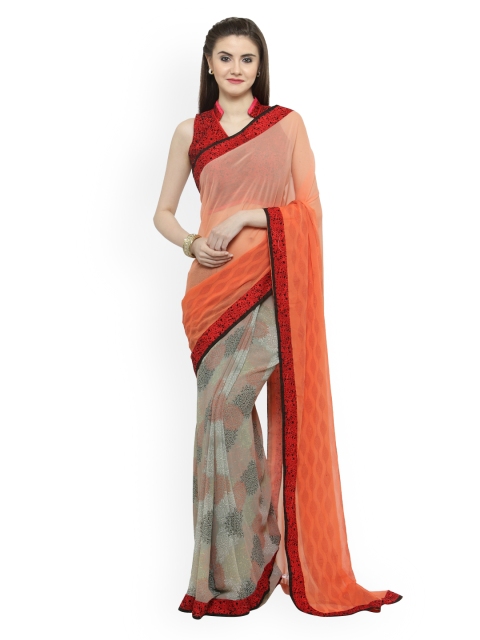 Shaily Peach-Coloured & Red Pure Georgette Printed Saree