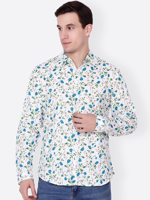 Cation Men White & Blue Slim Fit Printed Casual Shirt