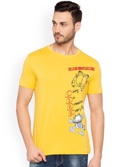 Status Quo Men Yellow Printed Slim Fit Round Neck T-shirt