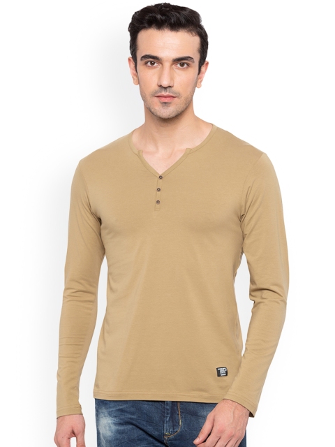 Status Quo Men Khaki Slim Fit Solid Henley Neck T-shirt
