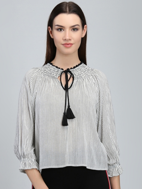 LA LOFT Women White & Black Striped A-Line Pure Cotton Top