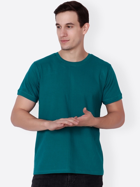 Cation Men Teal Green Solid Round Neck T-shirt