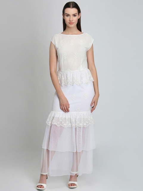 LA LOFT Women White Self Design Maxi Dress