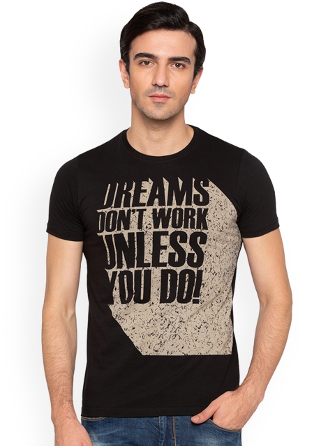 Status Quo Men Black Printed Slim Fit Round Neck T-shirt