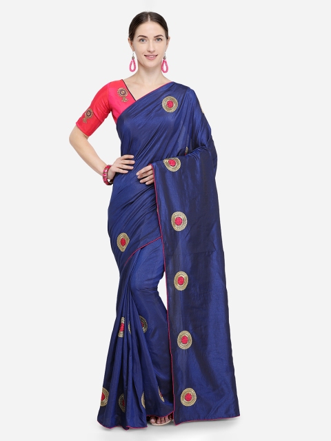 Blissta Navy Blue Embroidered Silk Blend Saree