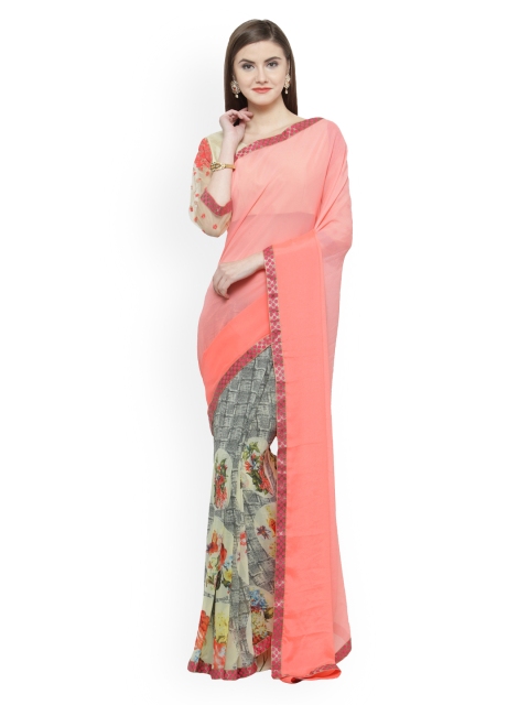 Shaily Peach-Coloured & Black Pure Georgette Printed Half and Half Saree