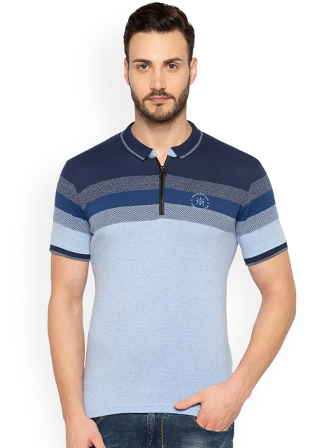 Status Quo Men Navy Blue Striped Polo Collar T-shirt