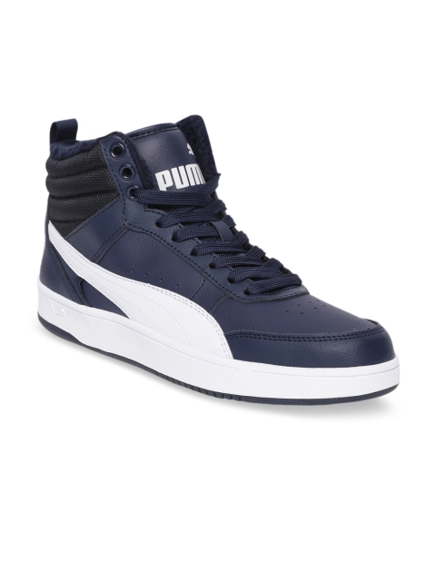 Puma Men Navy Blue & White Colourblocked Leather Mid-Top Leather Sneakers