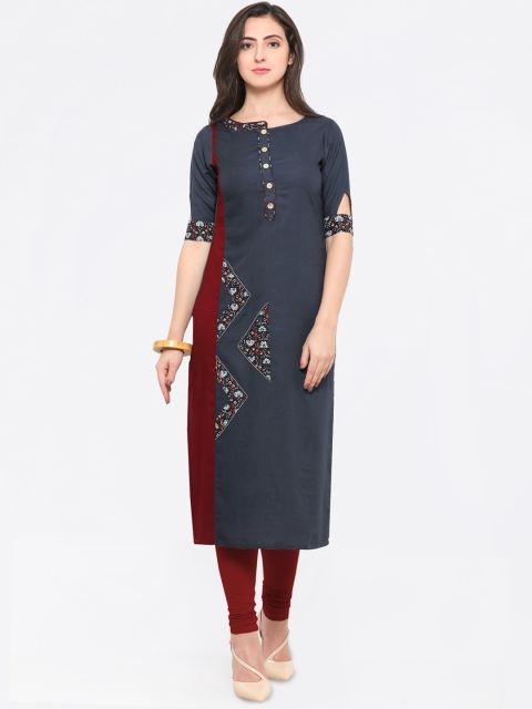 Florence Women Grey & Maroon Colourblocked Straight Kurta